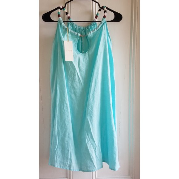 St. Tropez West Shift Dress~Beaded Halter~Aqua Blue Handkerchief Linen~S-M NWT - Picture 2 of 5